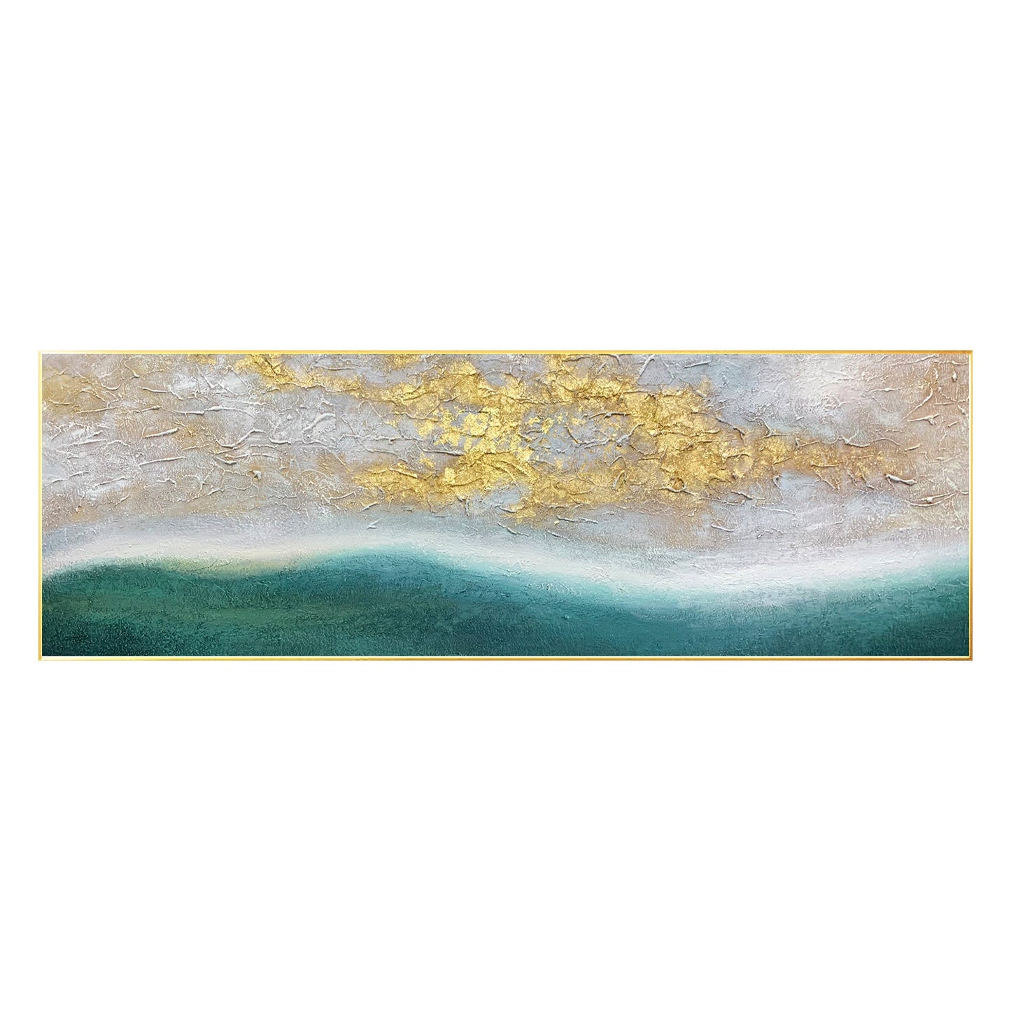 Gold Leaf Green Landscape Painting: Framed Abstract Wall Art #8