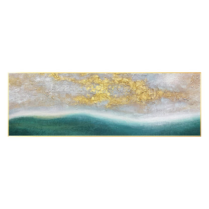 Gold Leaf Green Landscape Painting: Framed Abstract Wall Art #8