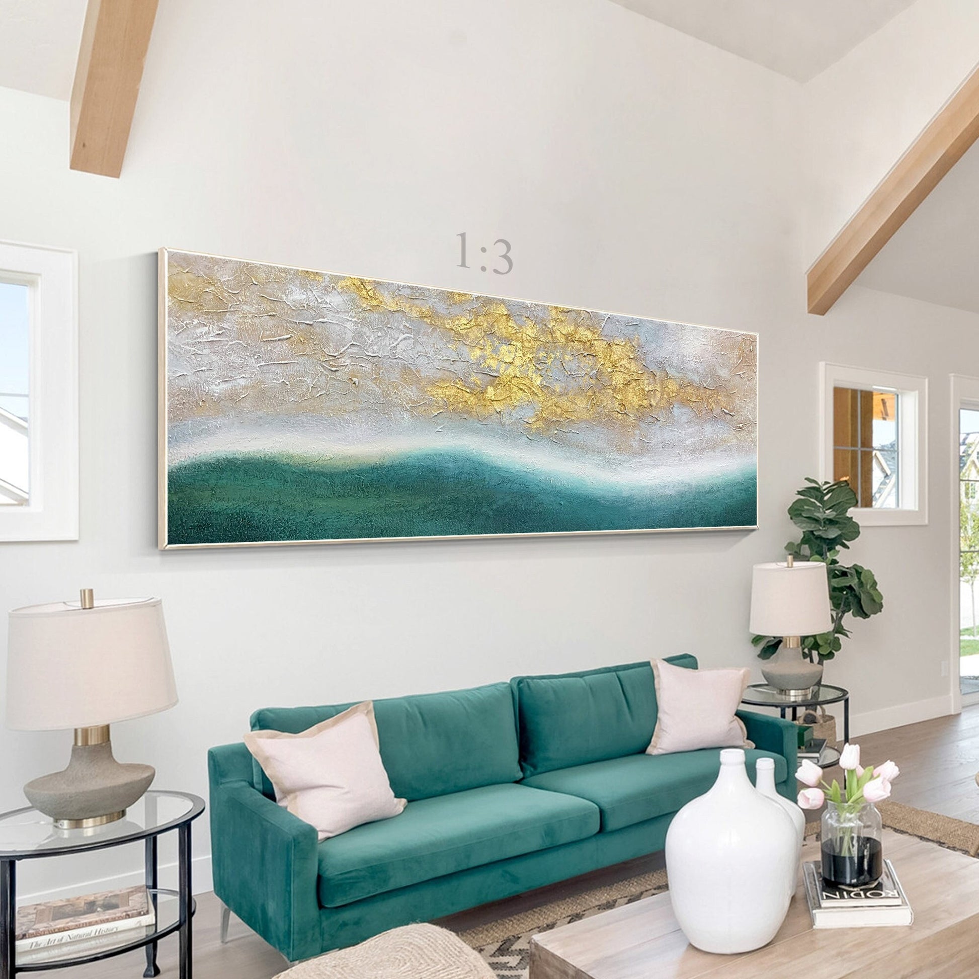 Gold Leaf Green Landscape Painting: Framed Abstract Wall Art #1