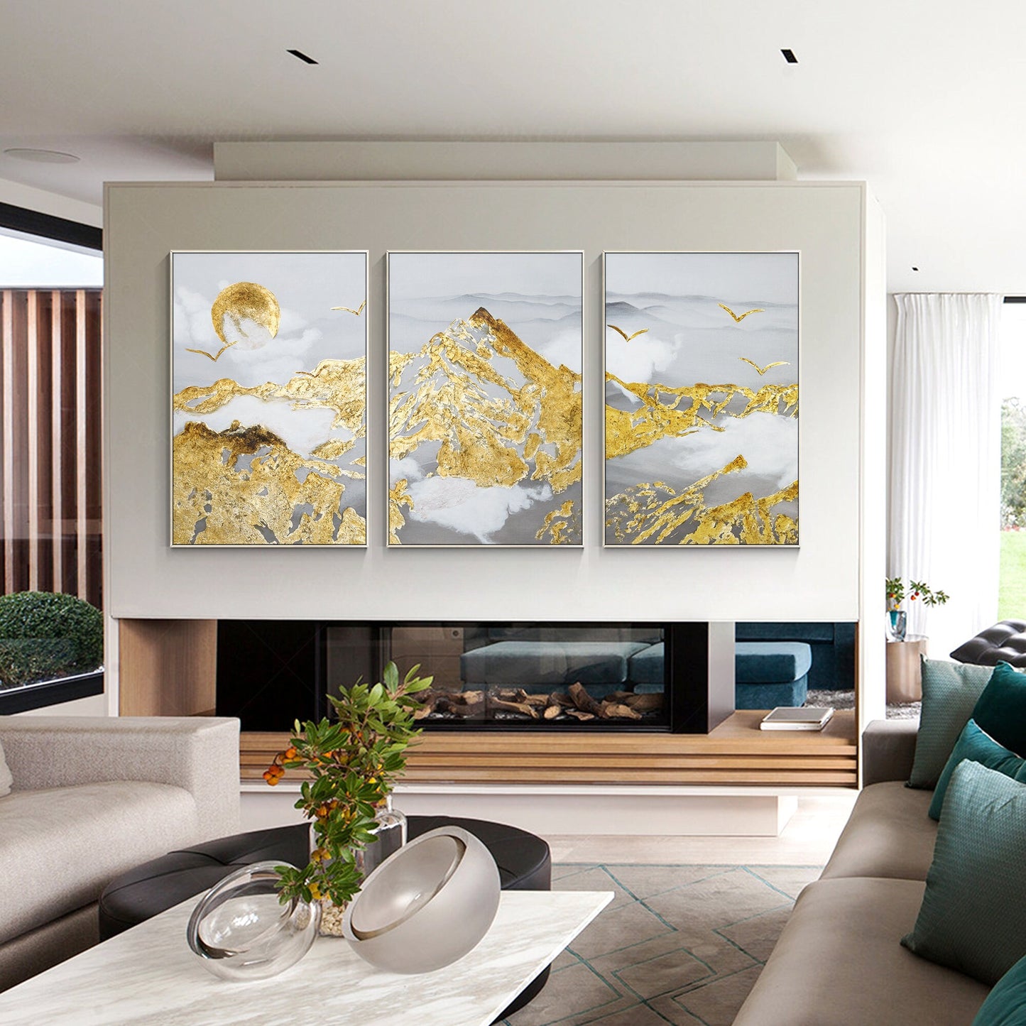 Gold Leaf Mountain Painting Set: Abstract Landscape Framed Canvas Art #2