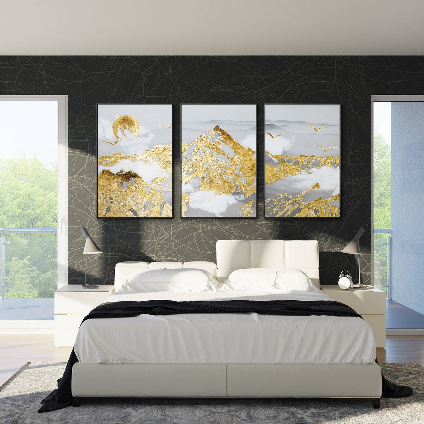 Gold Leaf Mountain Painting Set: Abstract Landscape Framed Canvas Art #5