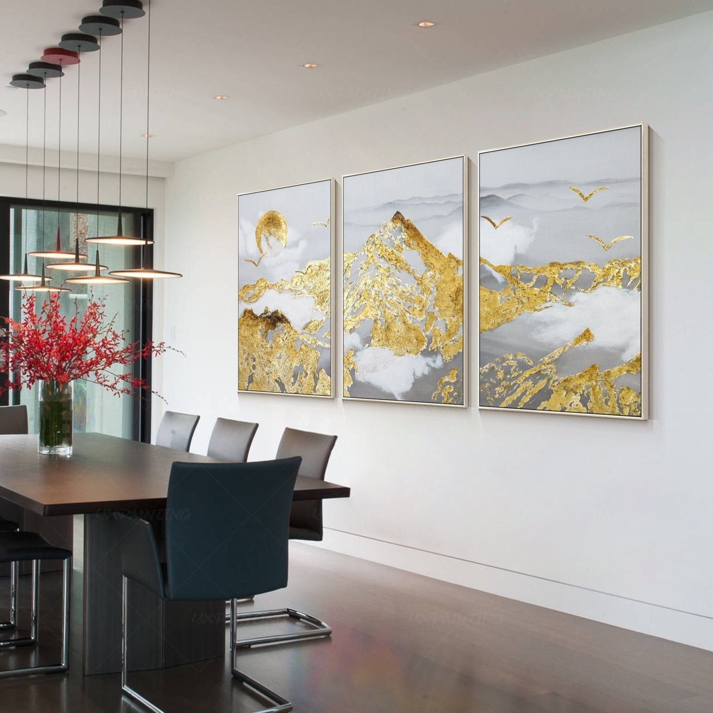 Gold Leaf Mountain Painting Set: Abstract Landscape Framed Canvas Art #1