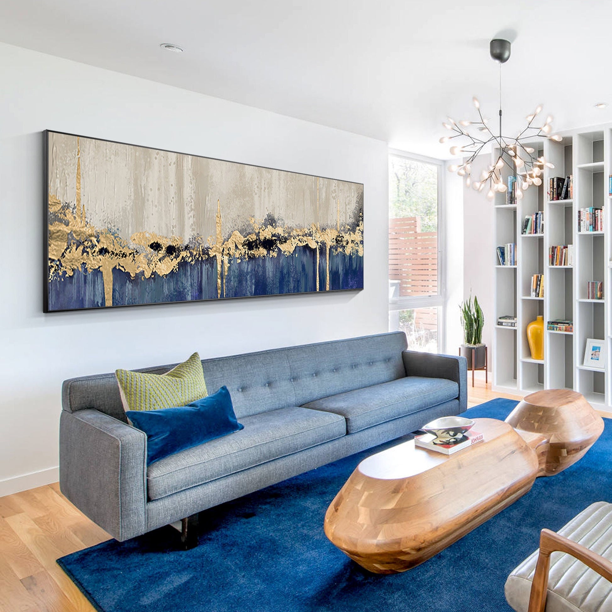 Gold Leaf Navy Blue Abstract Landscape Painting: Oversized Wall Art #2