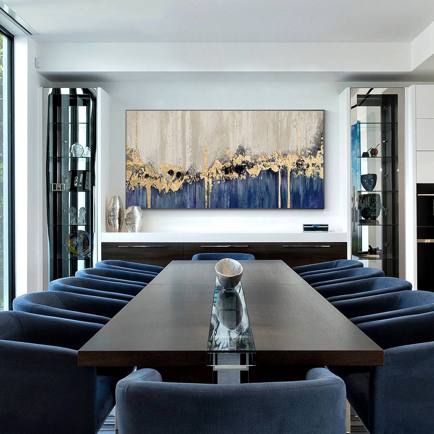 Gold Leaf Navy Blue Abstract Landscape Painting: Oversized Wall Art #3