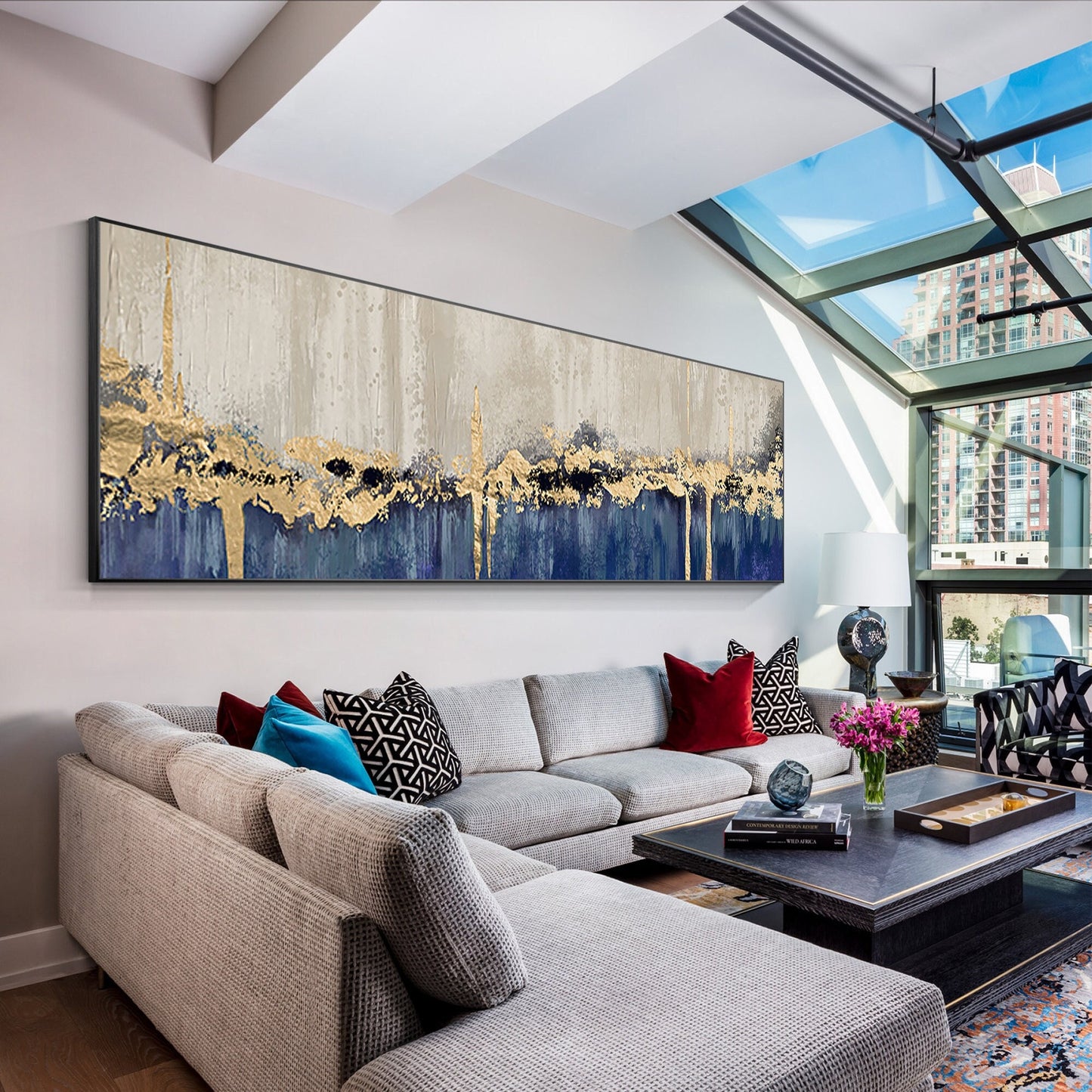 Gold Leaf Navy Blue Abstract Landscape Painting: Oversized Wall Art #4