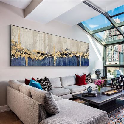 Gold Leaf Navy Blue Abstract Landscape Painting: Oversized Wall Art #4