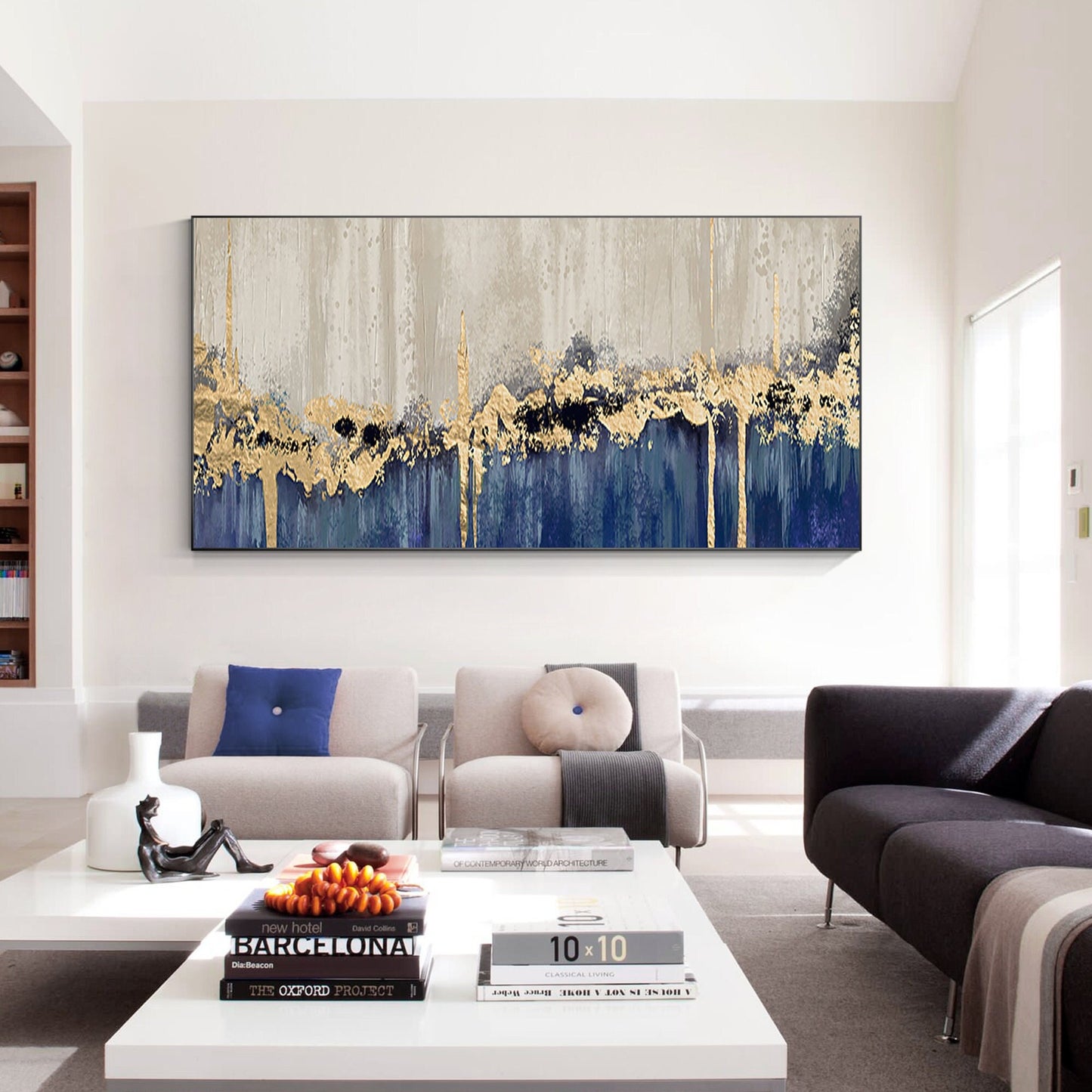 Gold Leaf Navy Blue Abstract Landscape Painting: Oversized Wall Art #1