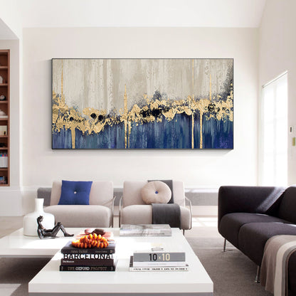 Gold Leaf Navy Blue Abstract Landscape Painting: Oversized Wall Art #1