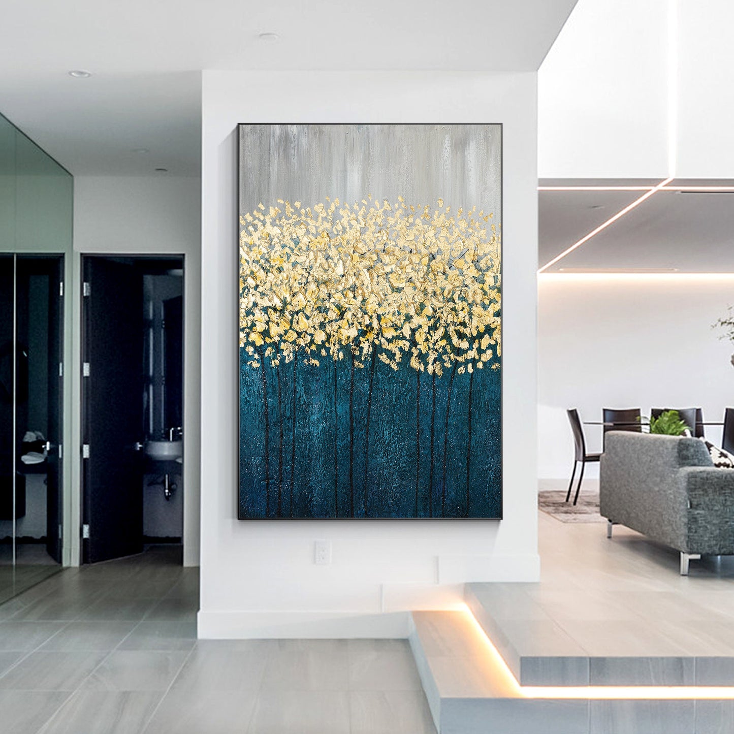 Gold Leaf Navy Floral Abstract Painting: Oversize Luxury Wall Art #2