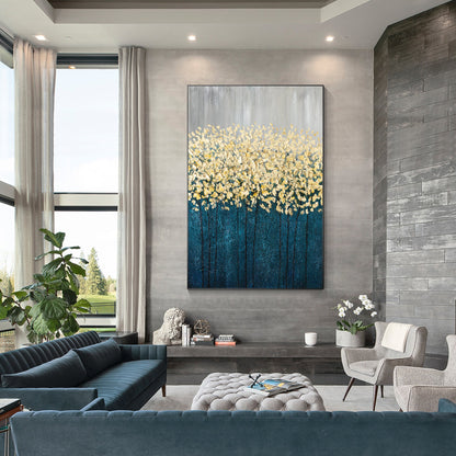 Gold Leaf Navy Floral Abstract Painting: Oversize Luxury Wall Art #4