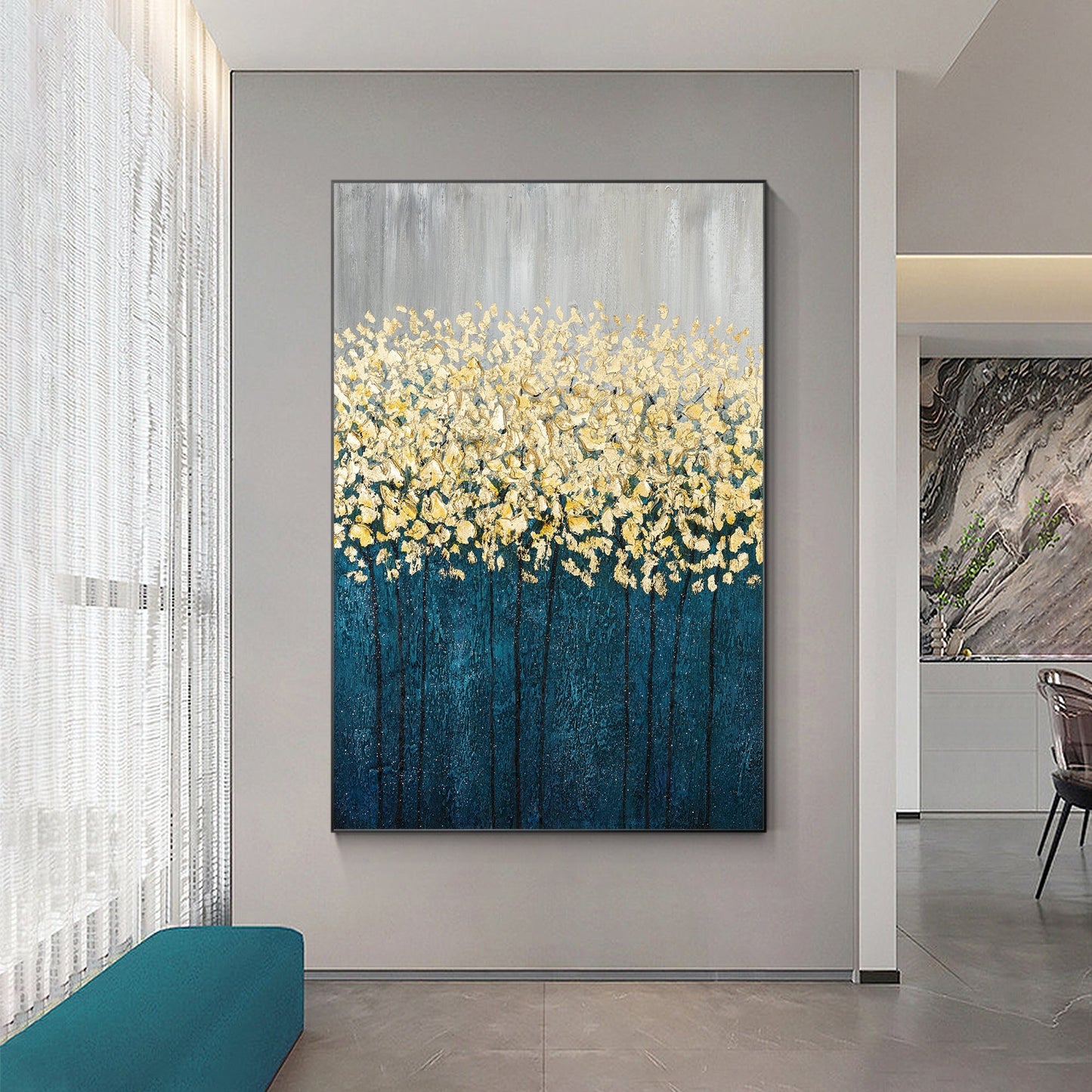 Gold Leaf Navy Floral Abstract Painting: Oversize Luxury Wall Art #1