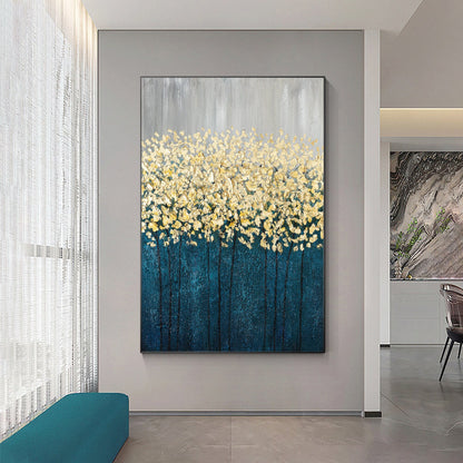 Gold Leaf Navy Floral Abstract Painting: Oversize Luxury Wall Art #1
