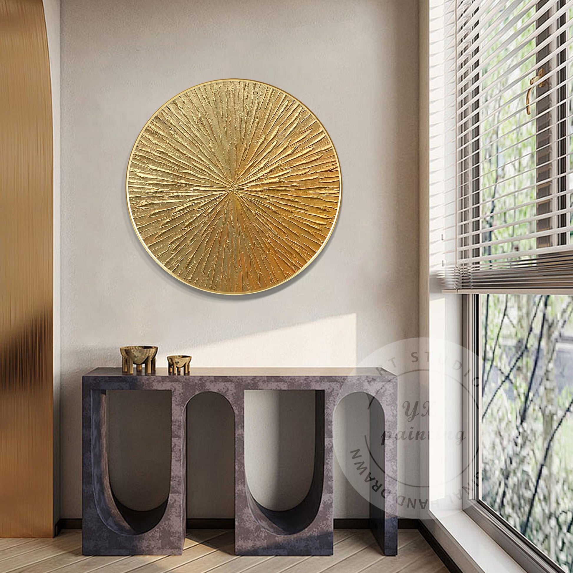 Gold Leaf Round Wall Art: 3D Textured Painting on Canvas #2
