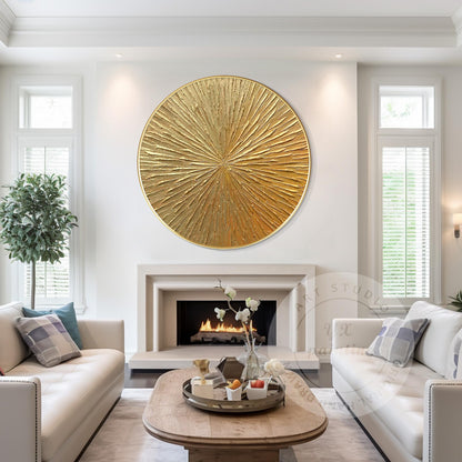 Gold Leaf Round Wall Art: 3D Textured Painting on Canvas #3