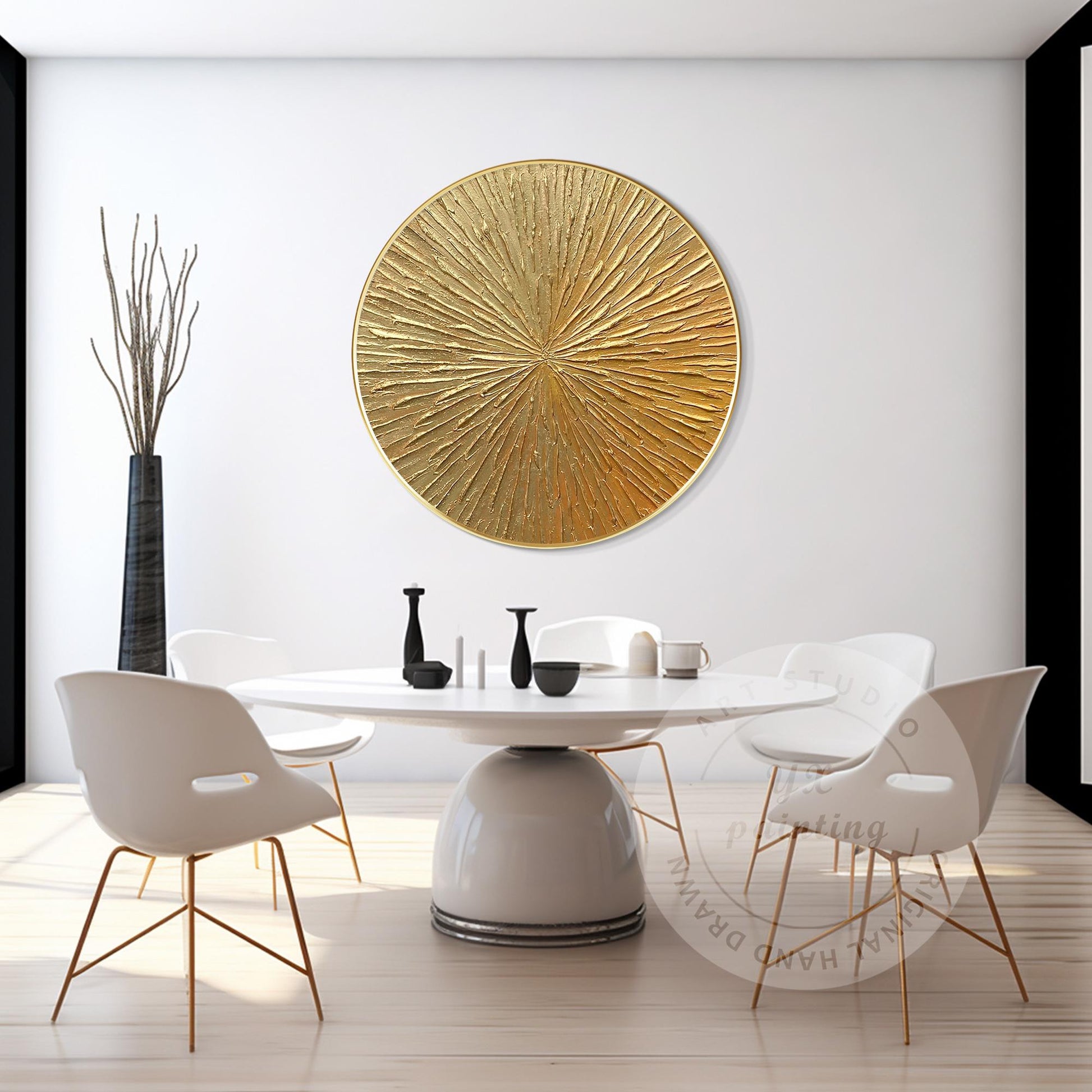 Gold Leaf Round Wall Art: 3D Textured Painting on Canvas #4