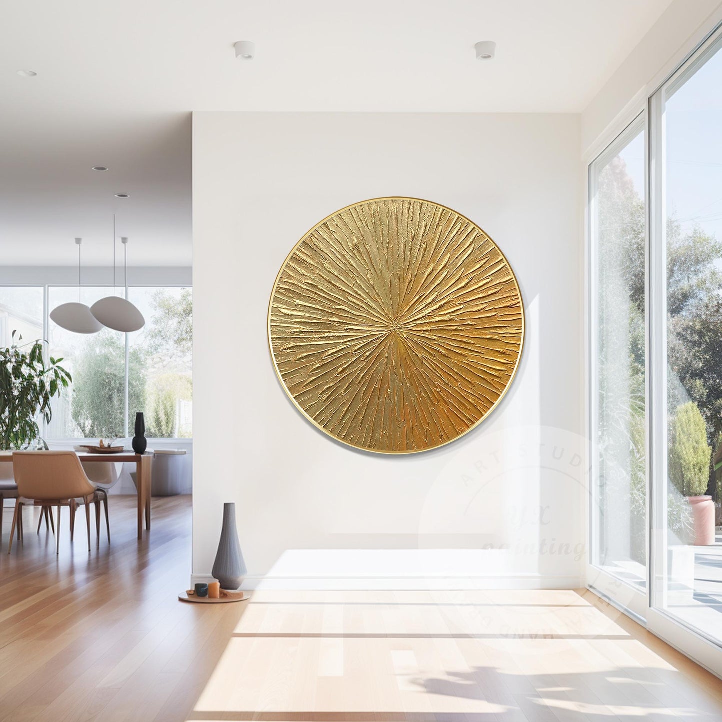 Gold Leaf Round Wall Art: 3D Textured Painting on Canvas #5