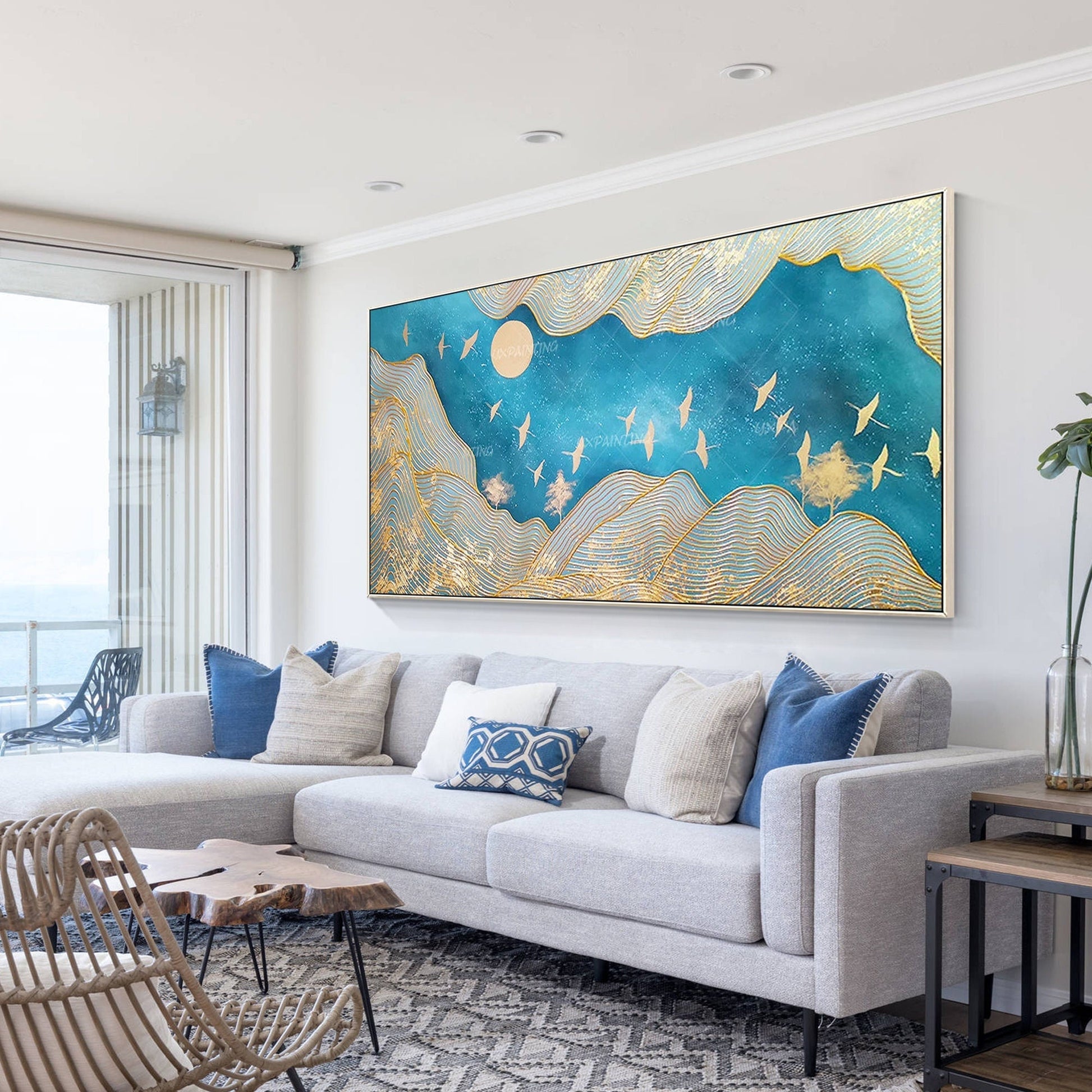 Gold Line Mountain Painting On Canvas, Gold Leaf Mountain Ladnscape Wall Art Dec #2