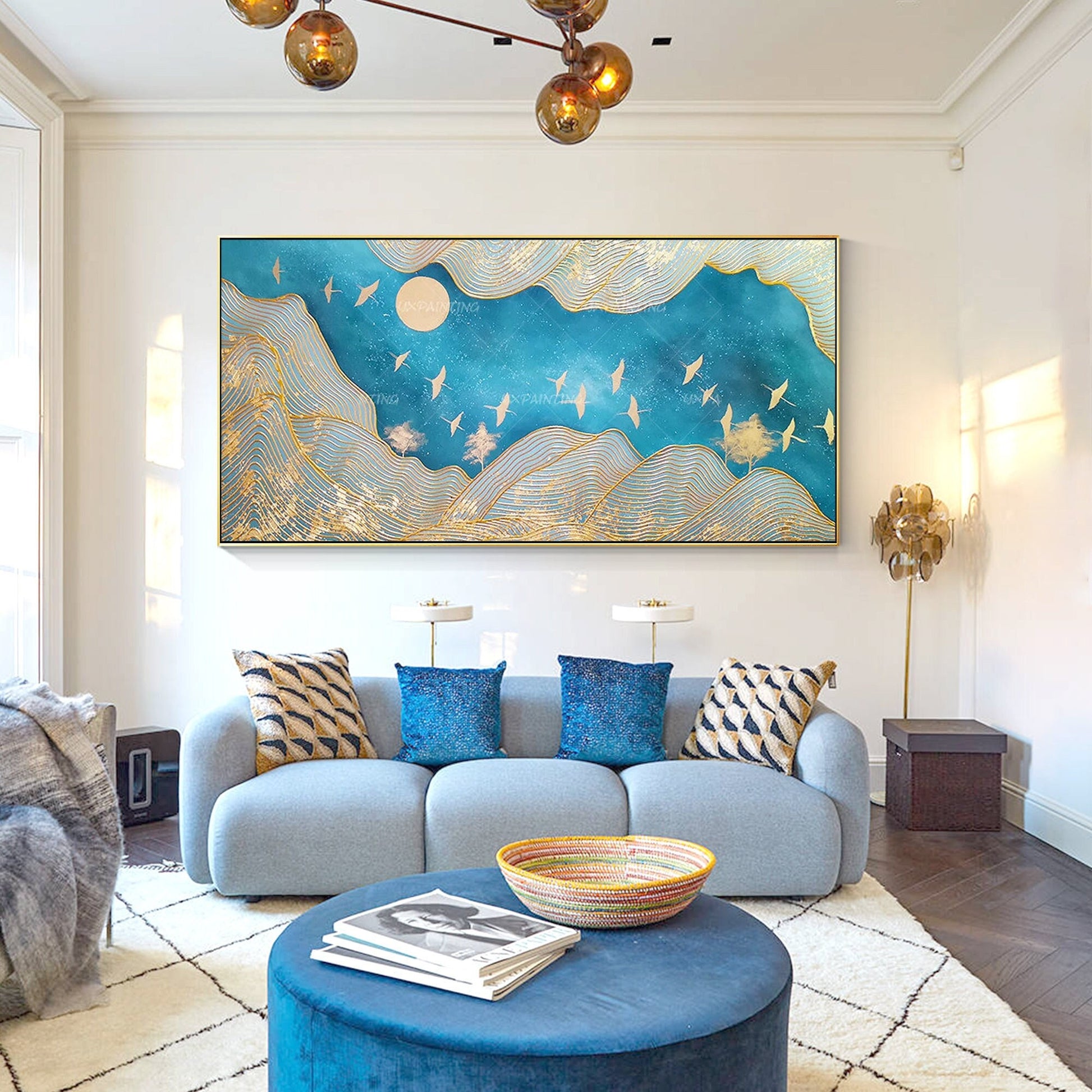 Gold Line Mountain Painting On Canvas, Gold Leaf Mountain Ladnscape Wall Art Dec #1
