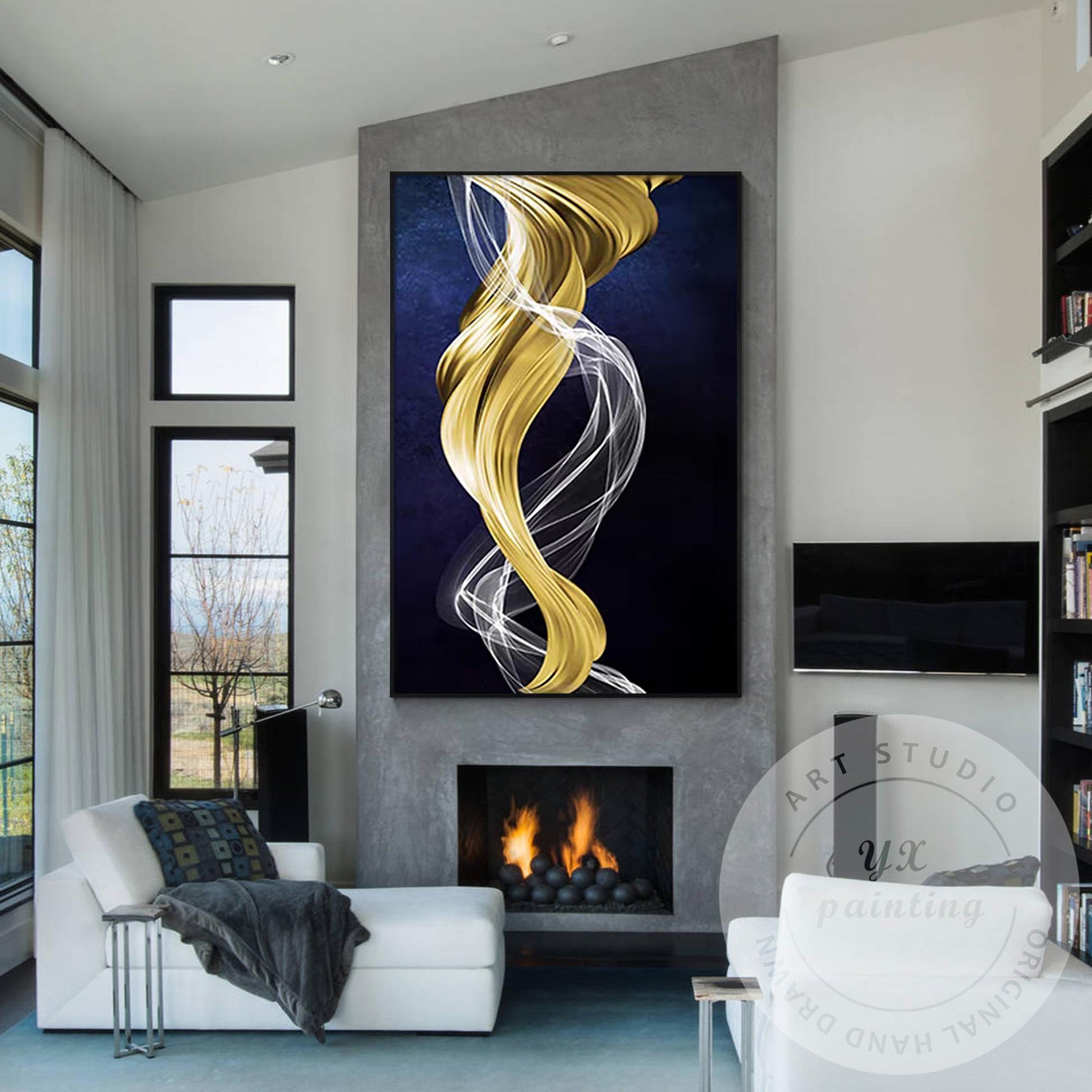 Gold Navy Blue Ribbon Wall Art, Modern Abstract Painting on Canvas, XL Framed Wa #2