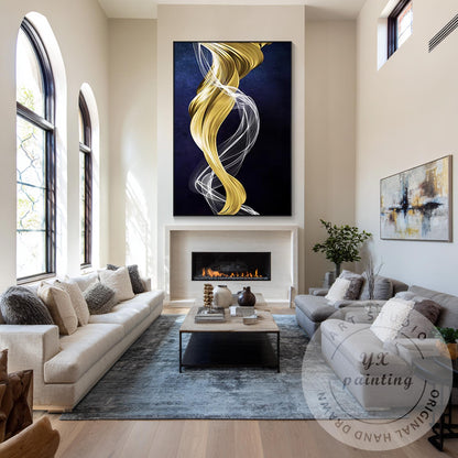 Gold Navy Blue Ribbon Wall Art, Modern Abstract Painting on Canvas, XL Framed Wa #3