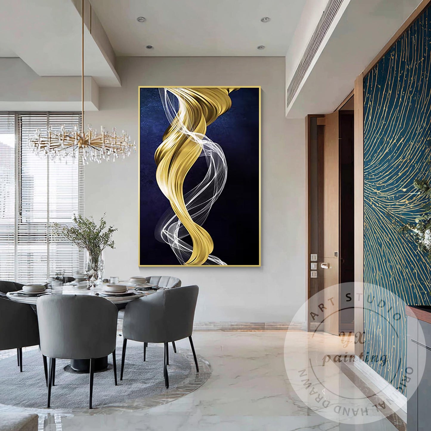 Gold Navy Blue Ribbon Wall Art, Modern Abstract Painting on Canvas, XL Framed Wa #4
