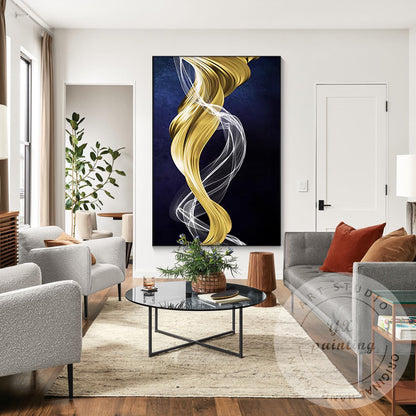 Gold Navy Blue Ribbon Wall Art, Modern Abstract Painting on Canvas, XL Framed Wa #5