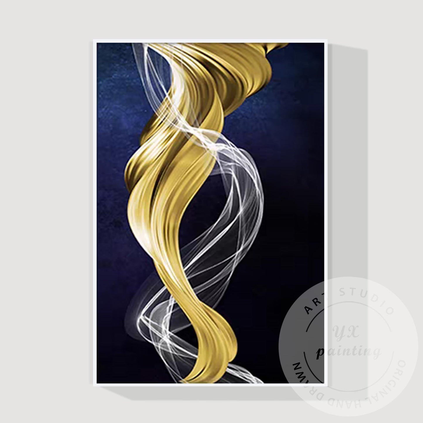 Gold Navy Blue Ribbon Wall Art, Modern Abstract Painting on Canvas, XL Framed Wa #6