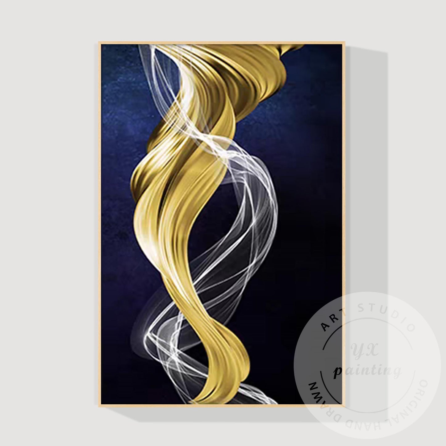 Gold Navy Blue Ribbon Wall Art, Modern Abstract Painting on Canvas, XL Framed Wa #8