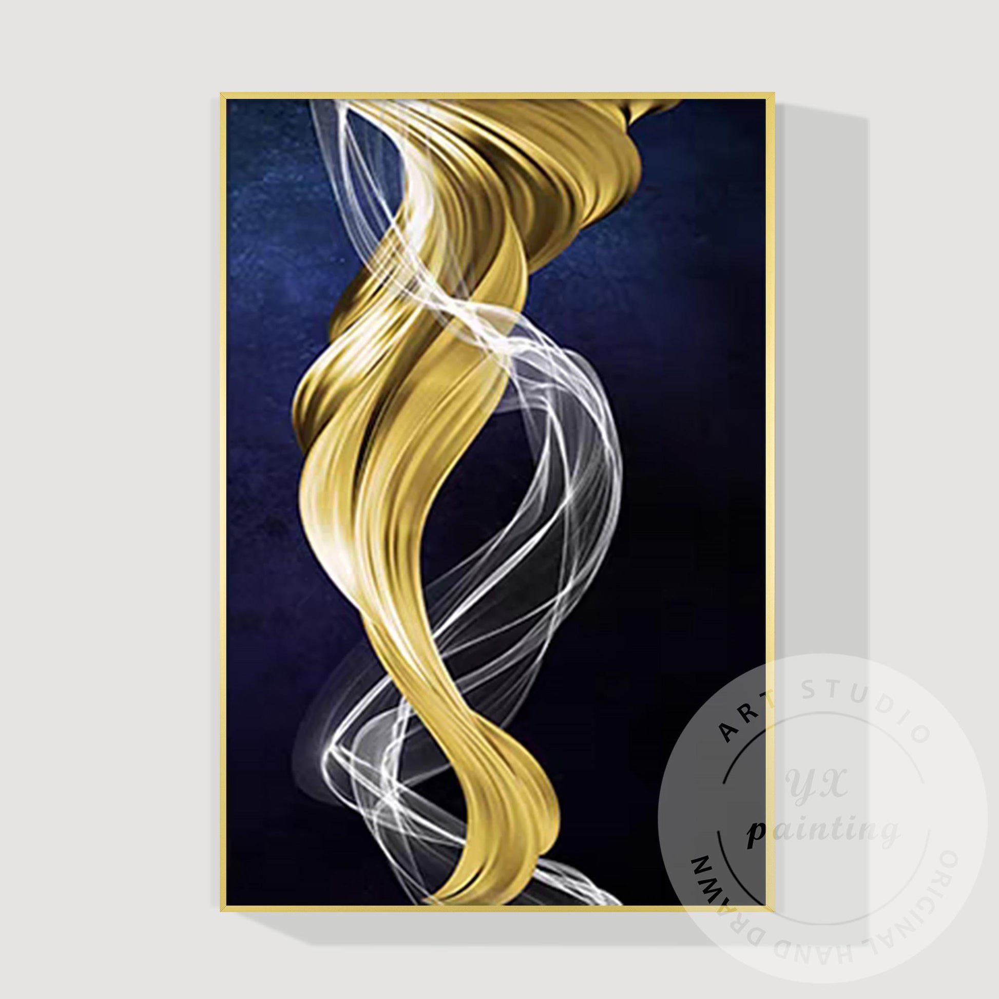 Gold Navy Blue Ribbon Wall Art, Modern Abstract Painting on Canvas, XL Framed Wa #9