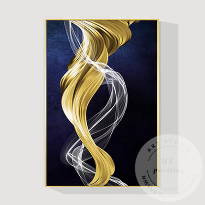 Gold Navy Blue Ribbon Wall Art, Modern Abstract Painting on Canvas, XL Framed Wa #9