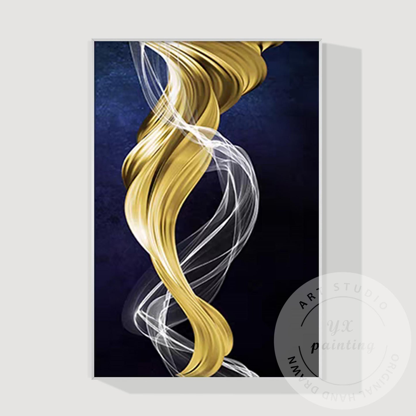 Gold Navy Blue Ribbon Wall Art, Modern Abstract Painting on Canvas, XL Framed Wa #10