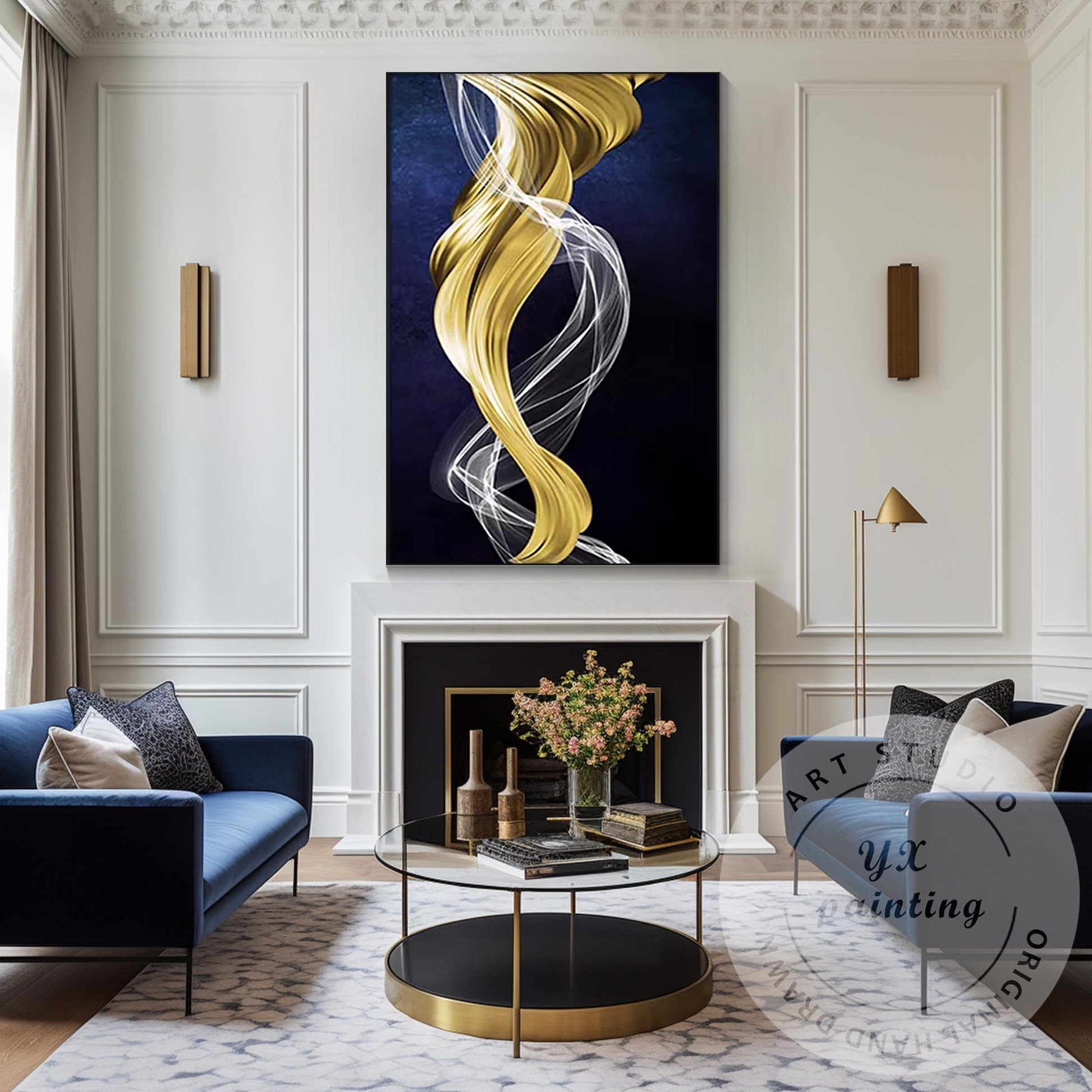 Gold Navy Blue Ribbon Wall Art, Modern Abstract Painting on Canvas, XL Framed Wa #1