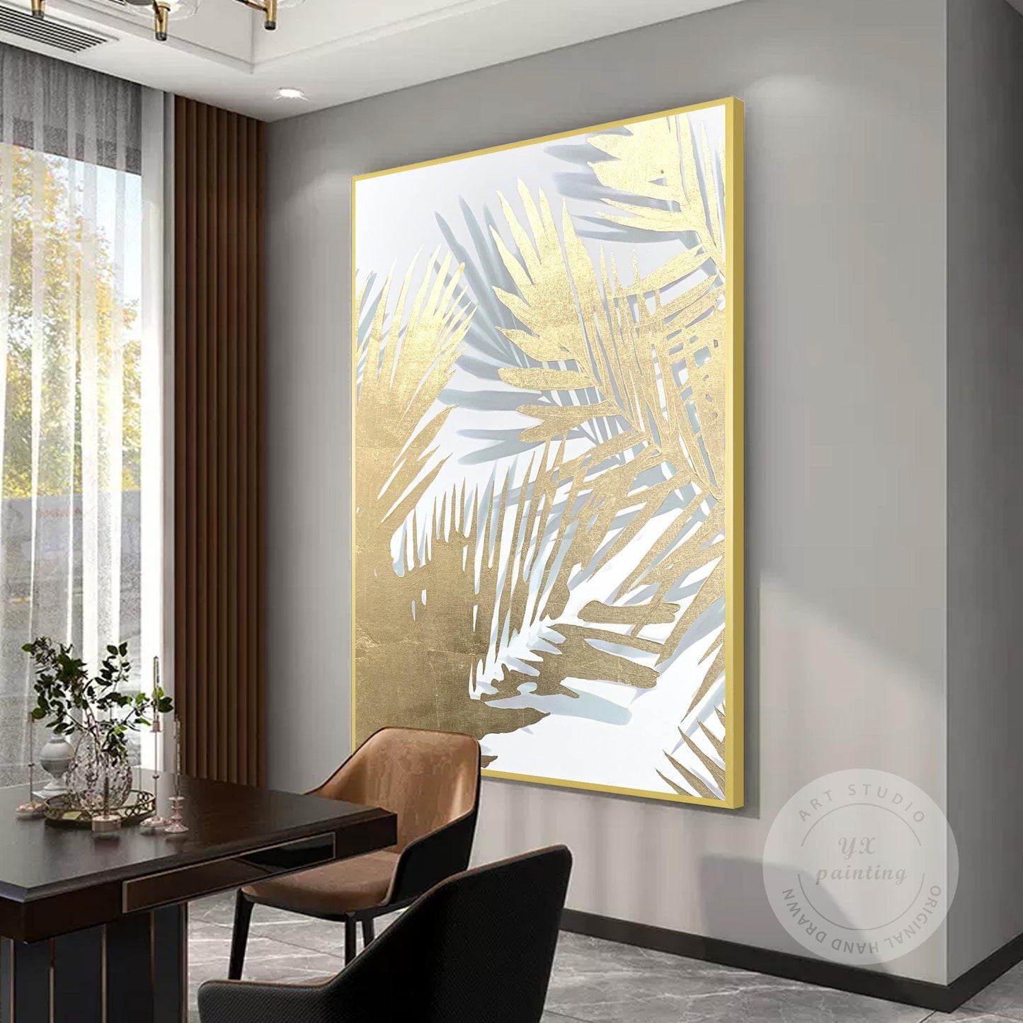 Gold Palm Leaf Painting: Abstract Botanical Wall Art Decor #7