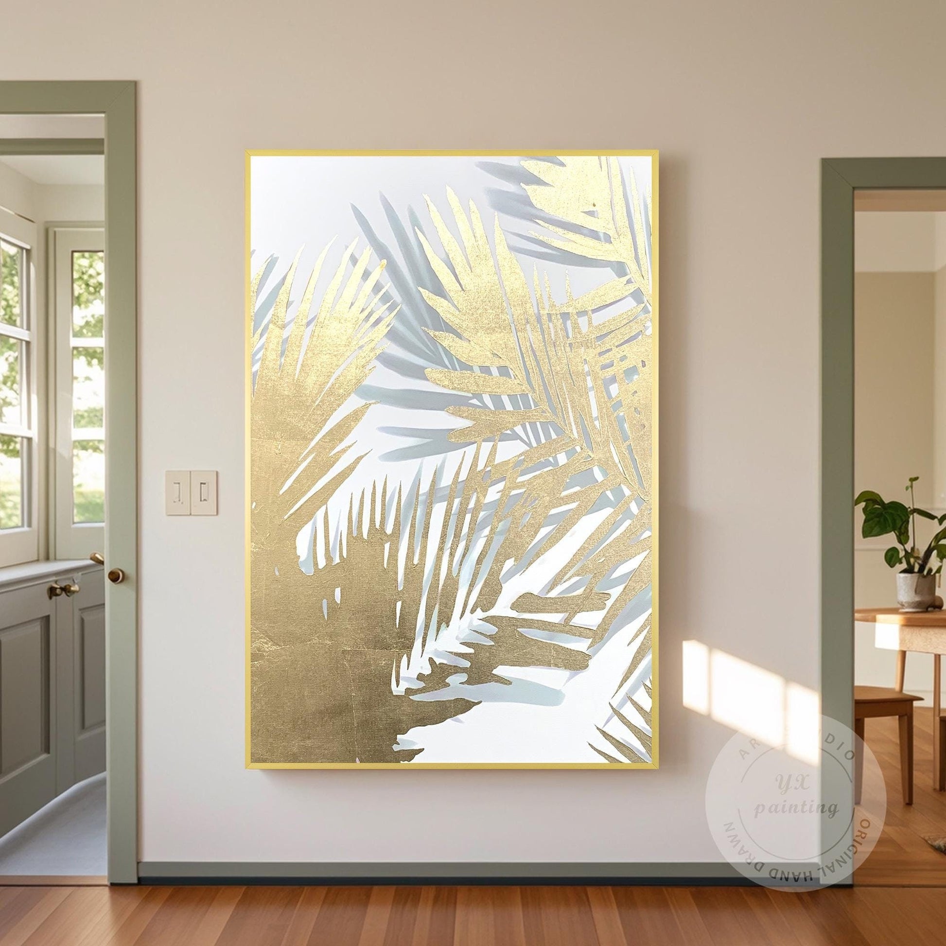 Gold Palm Leaf Painting: Abstract Botanical Wall Art Decor #1