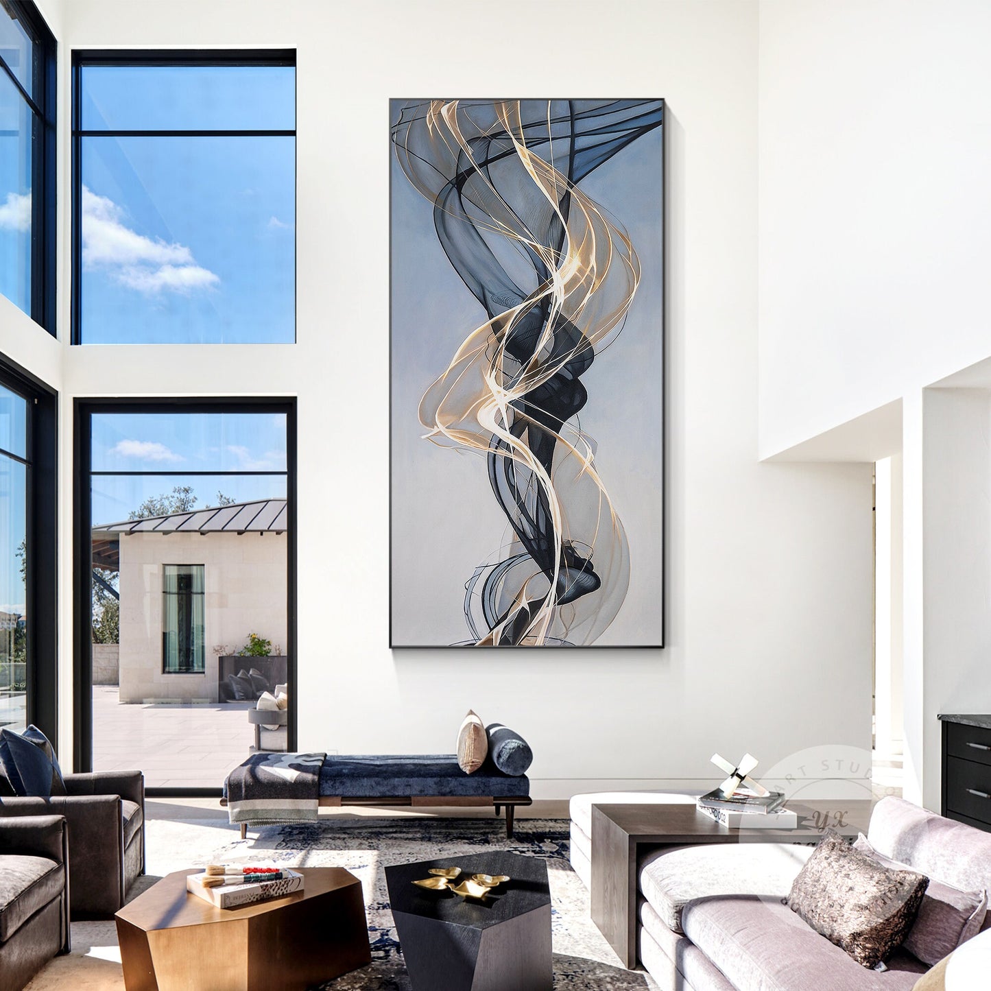 Gold Ribbon Abstract Painting: Extra Large Black and Gold Canvas Art #2