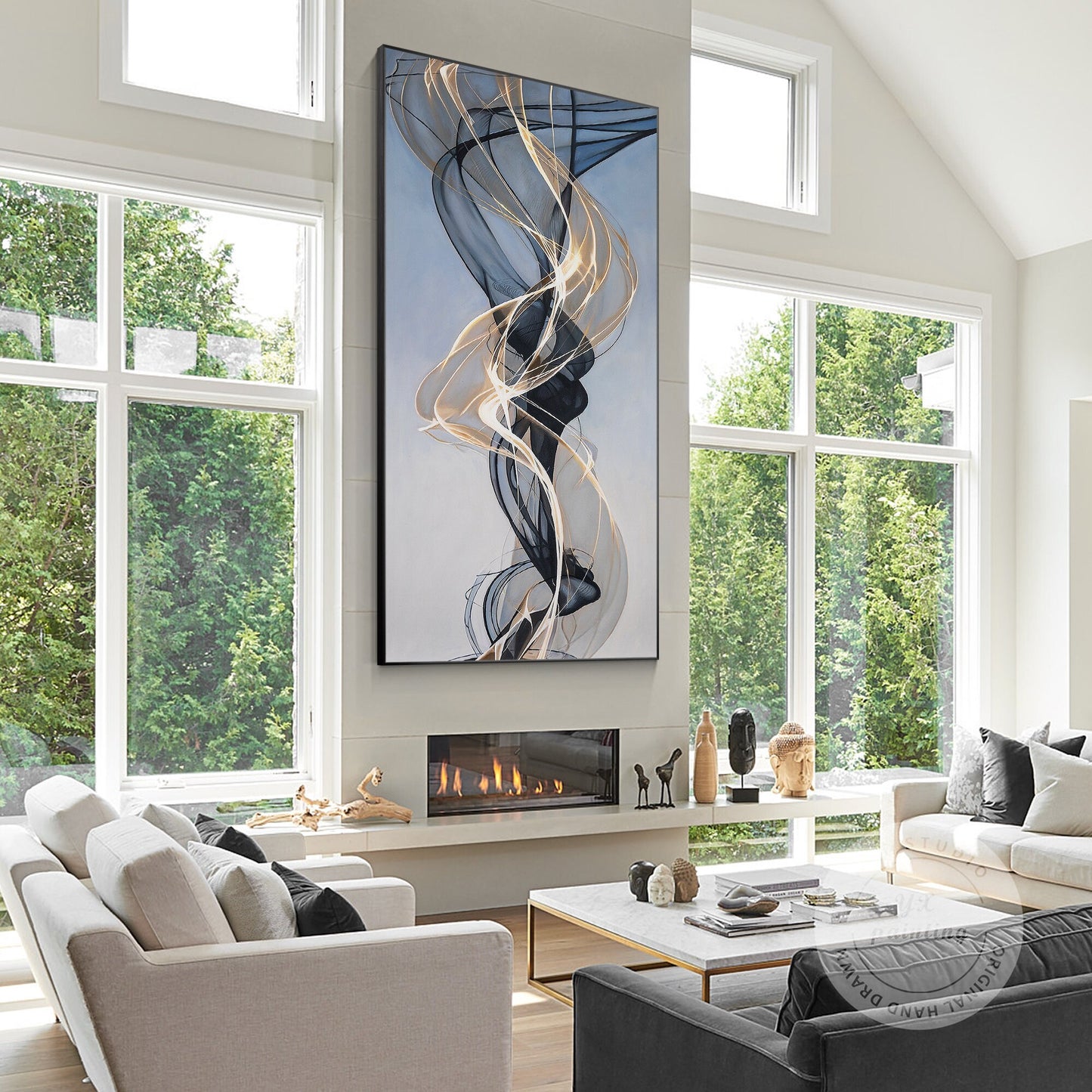 Gold Ribbon Abstract Painting: Extra Large Black and Gold Canvas Art #3