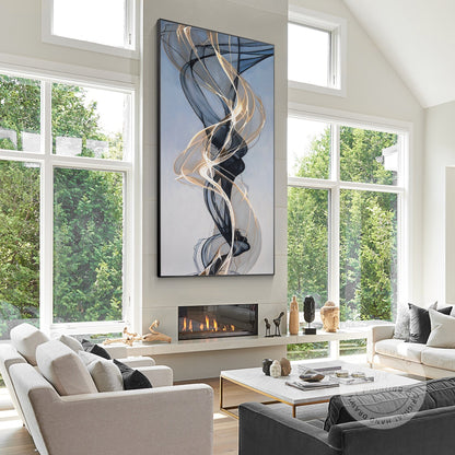 Gold Ribbon Abstract Painting: Extra Large Black and Gold Canvas Art #3