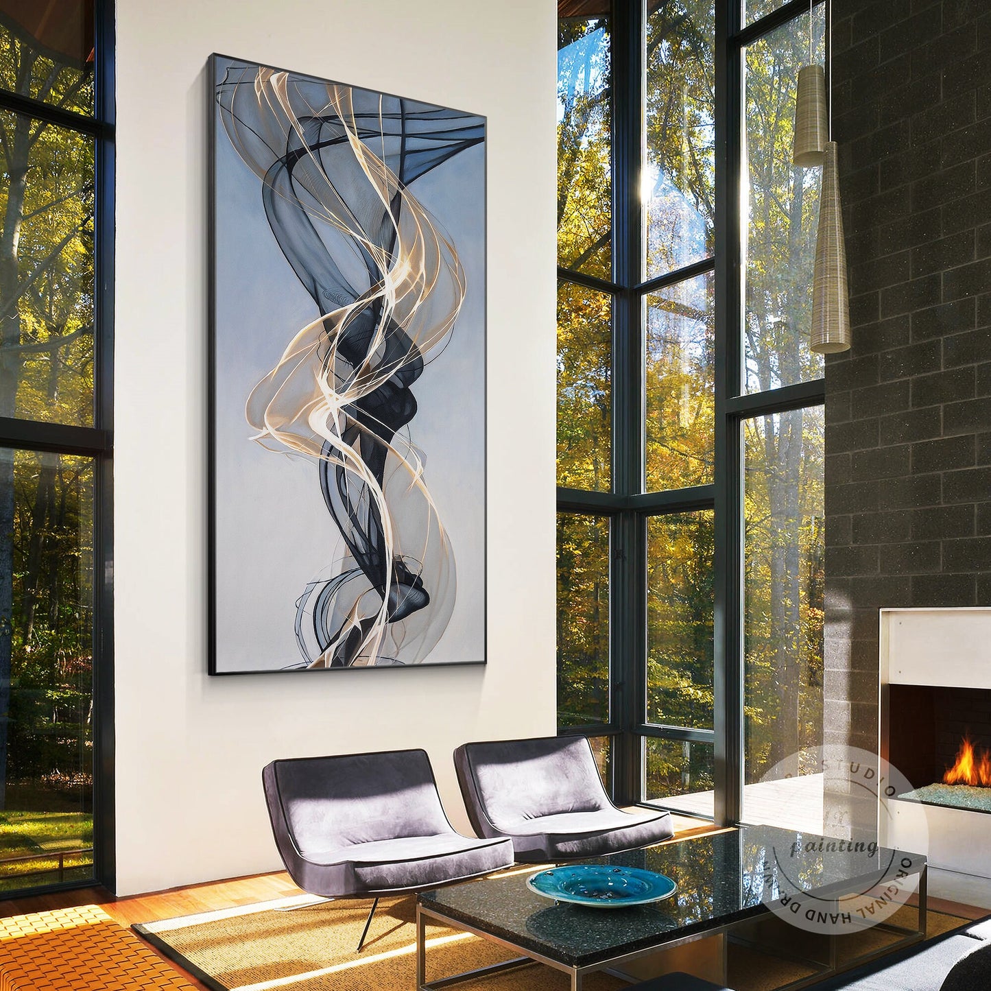Gold Ribbon Abstract Painting: Extra Large Black and Gold Canvas Art #5
