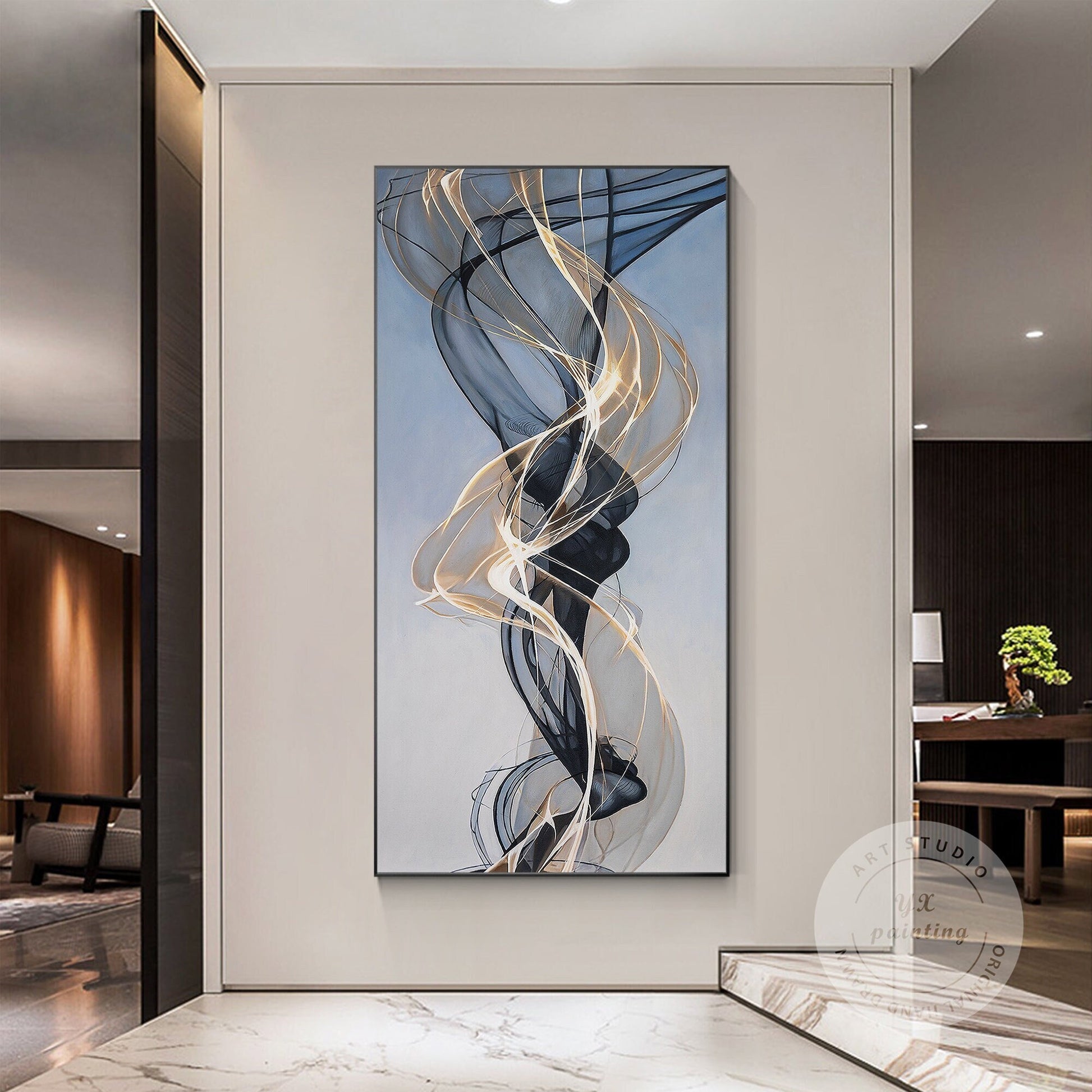 Gold Ribbon Abstract Painting: Extra Large Black and Gold Canvas Art #1