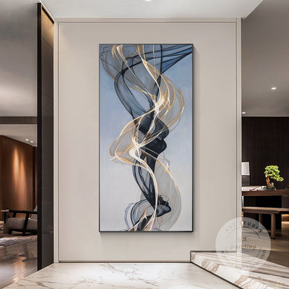 Gold Ribbon Abstract Painting: Extra Large Black and Gold Canvas Art #1