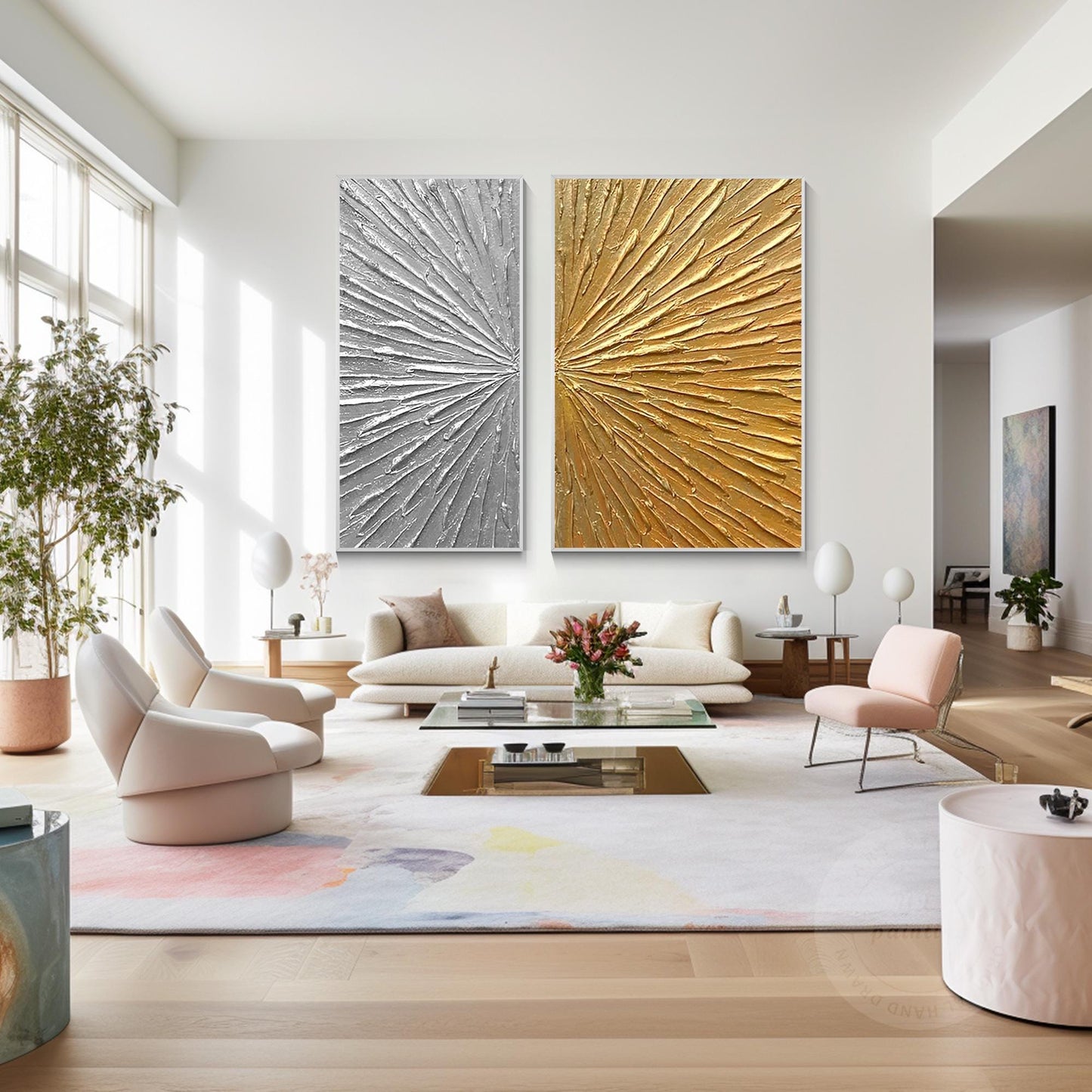 Gold Silver Textured 2 Pieces Abstract Painting, Luxury Room Silver Gold Extra L #2
