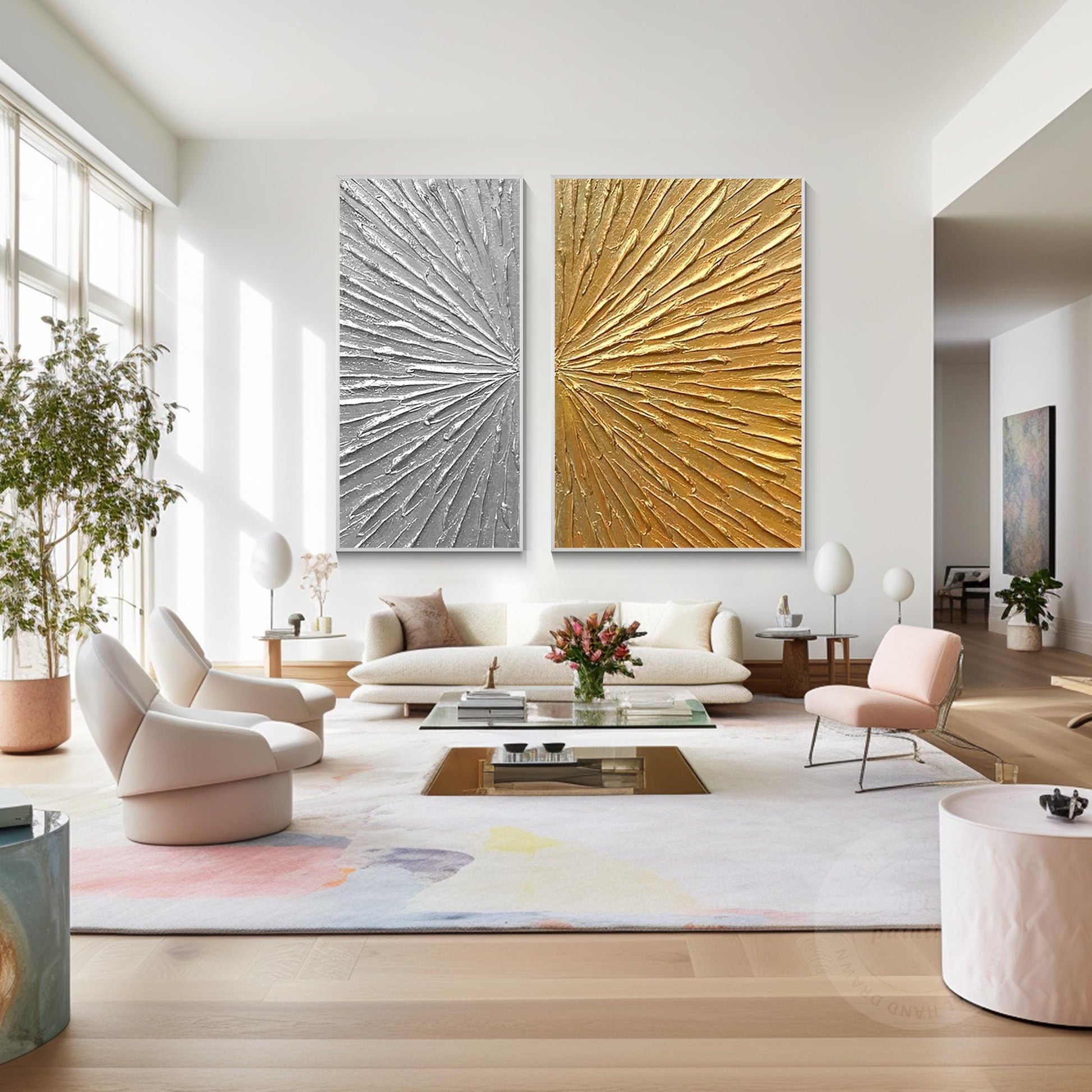 Gold Silver Textured 2 Pieces Abstract Painting, Luxury Room Silver Gold Extra L #2