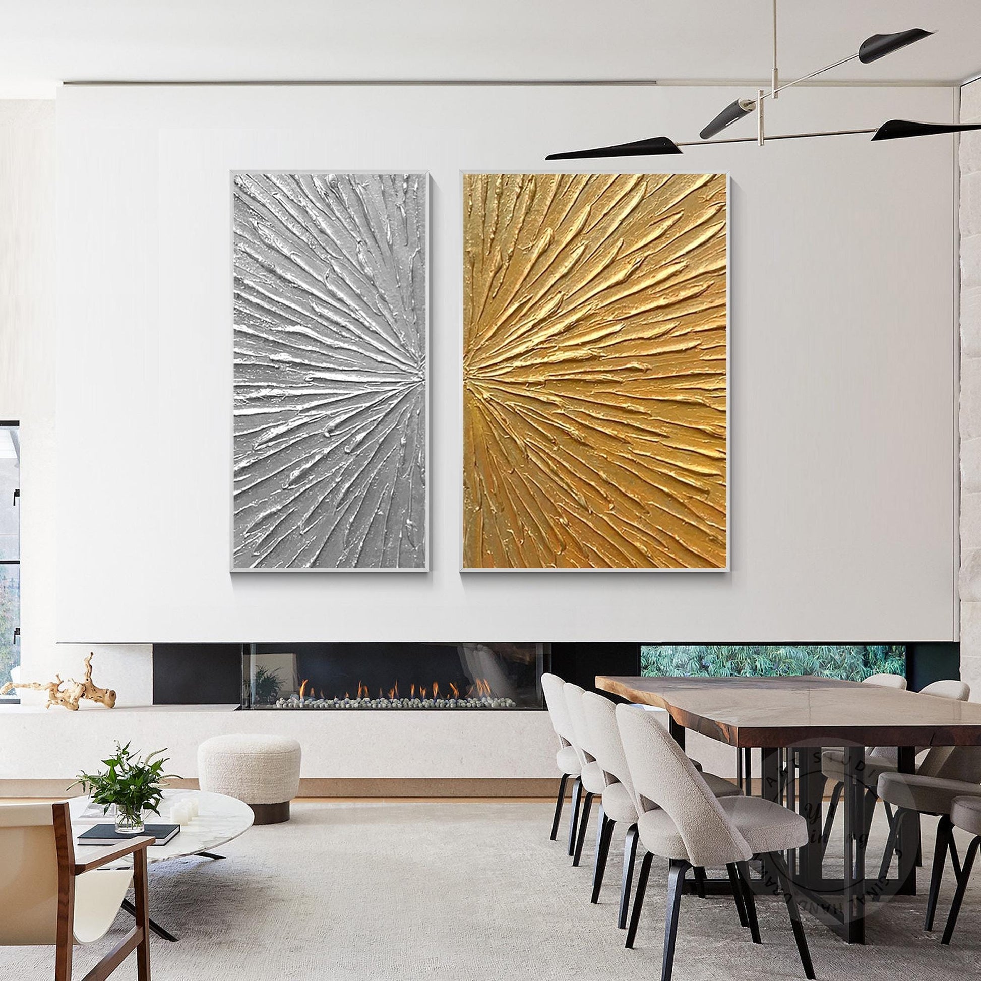 Gold Silver Textured 2 Pieces Abstract Painting, Luxury Room Silver Gold Extra L #4