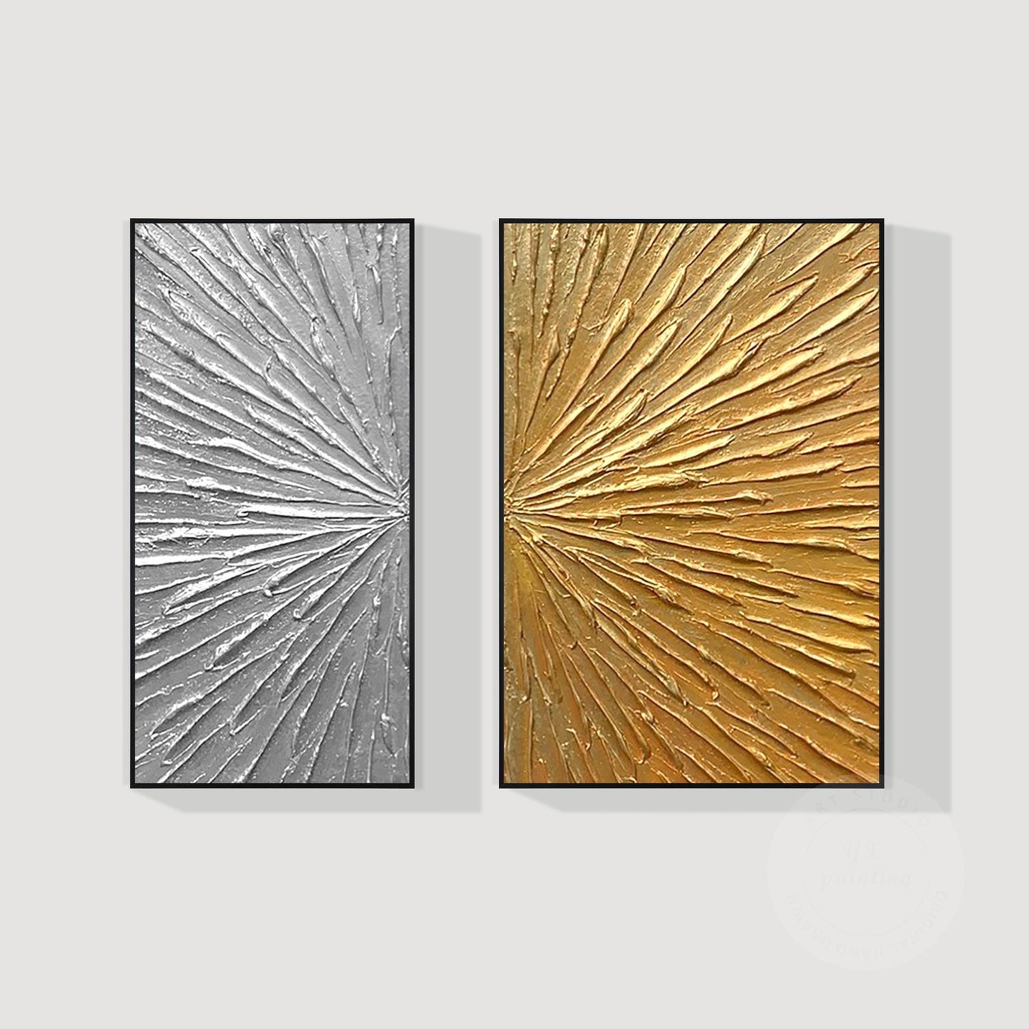 Gold Silver Textured 2 Pieces Abstract Painting, Luxury Room Silver Gold Extra L #8