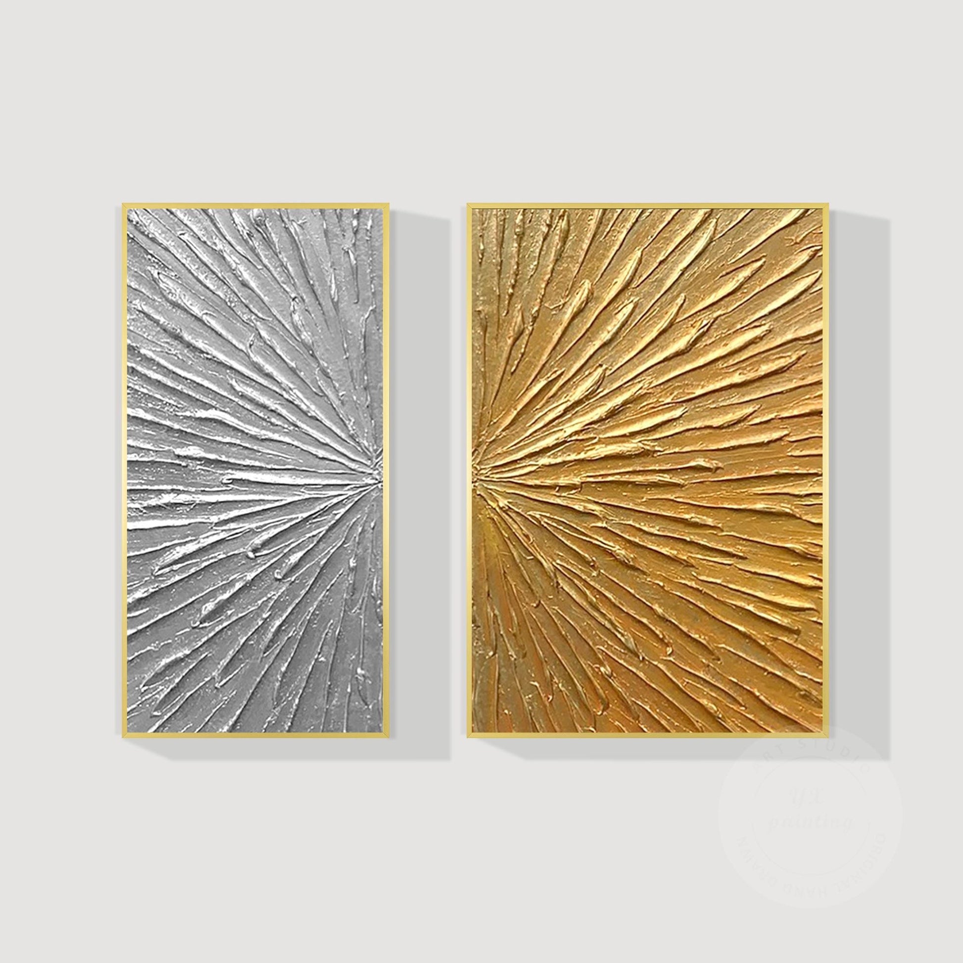 Gold Silver Textured 2 Pieces Abstract Painting, Luxury Room Silver Gold Extra L #9