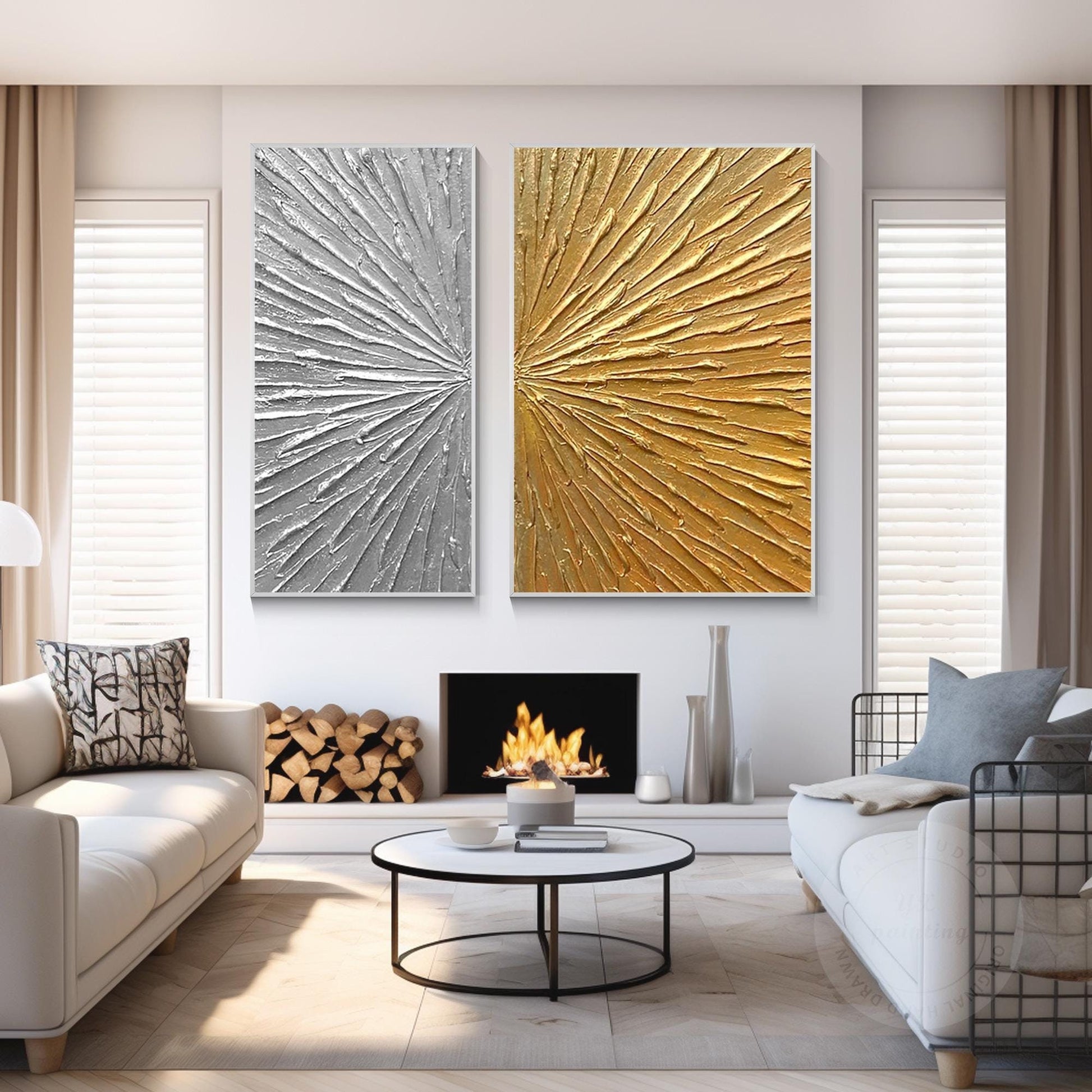 Gold Silver Textured 2 Pieces Abstract Painting, Luxury Room Silver Gold Extra L #1