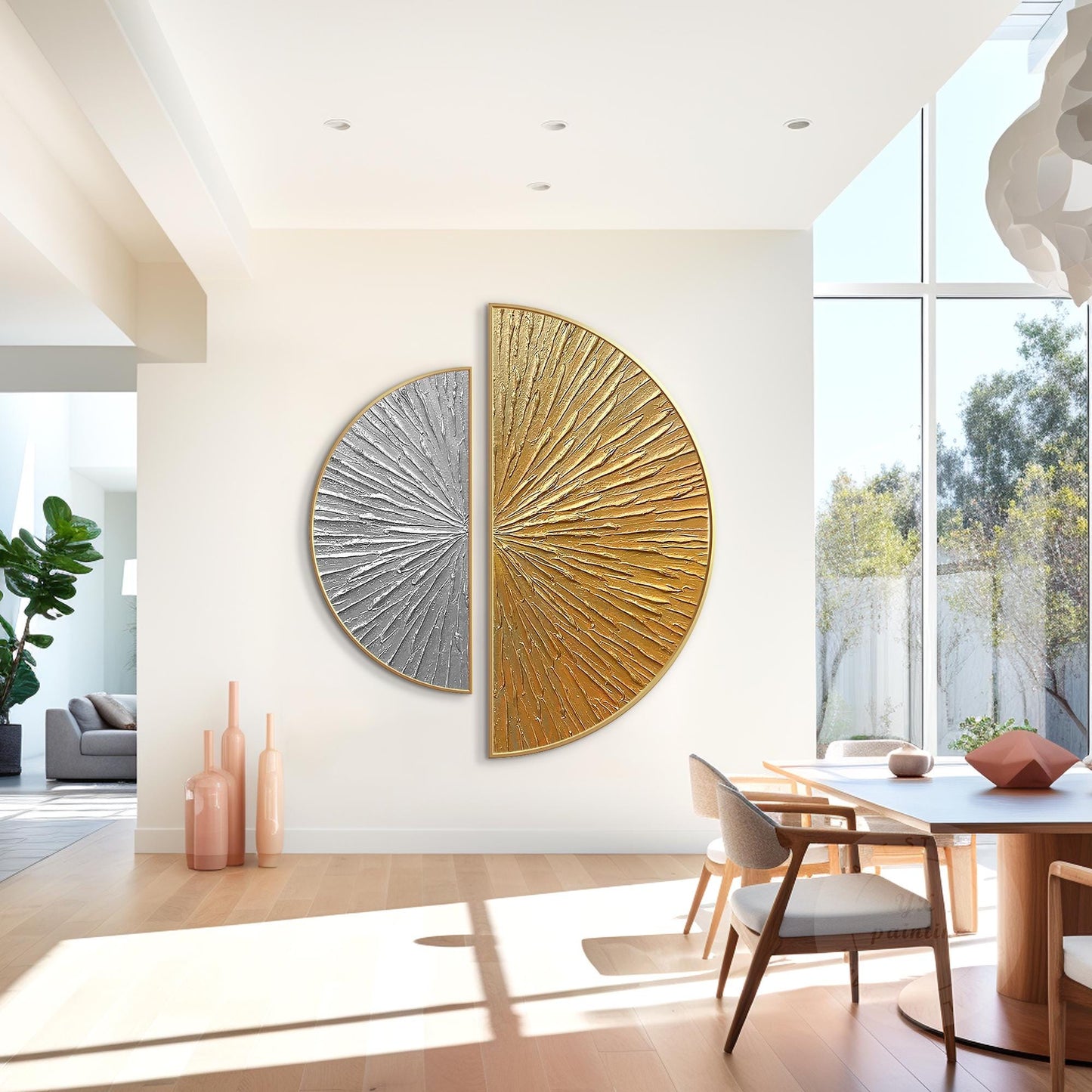 Gold Silver Textured 2 Pieces Semicircle Painting,Round Painting,Luxury Room Sil #2