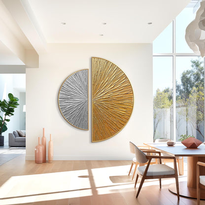 Gold Silver Textured 2 Pieces Semicircle Painting,Round Painting,Luxury Room Sil #2