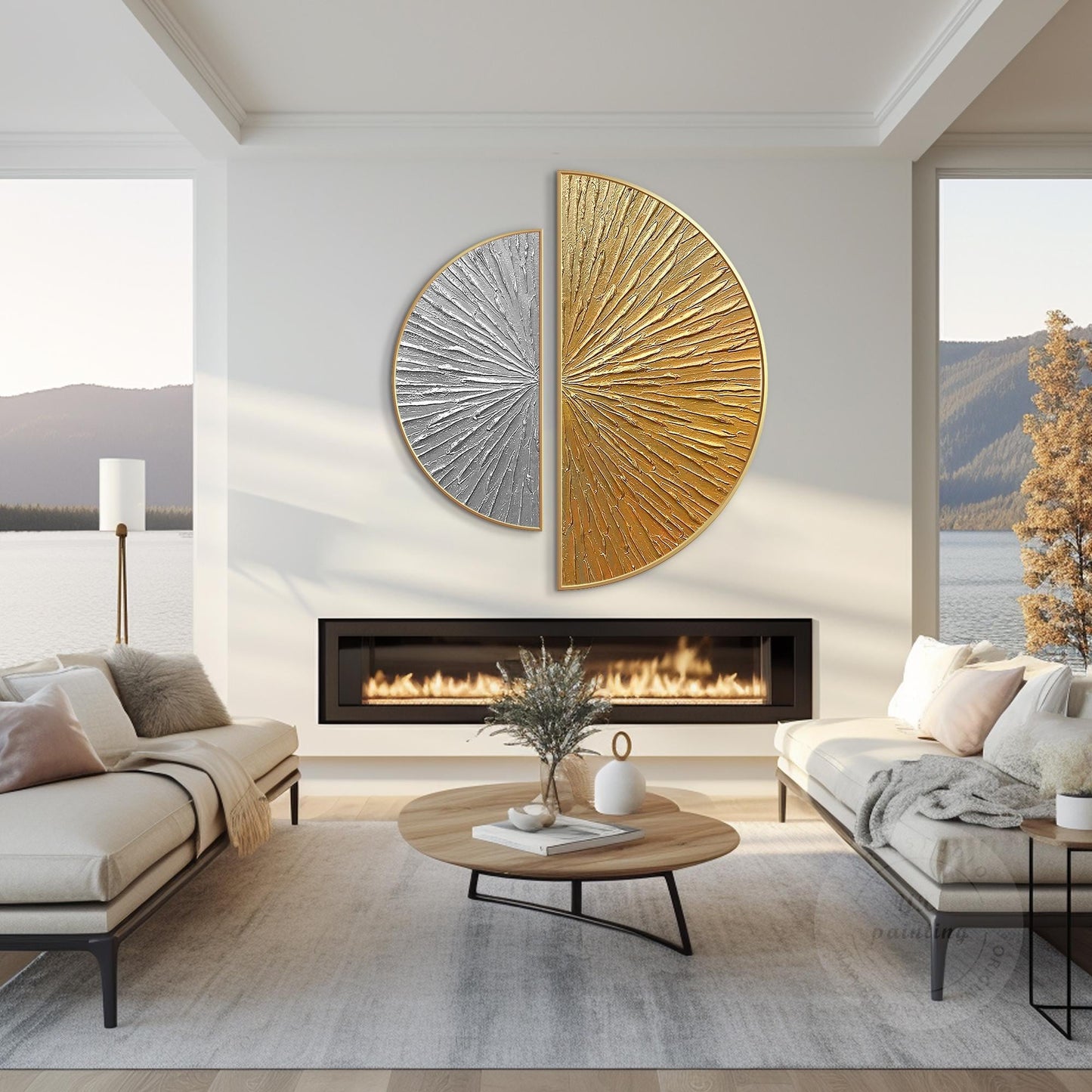 Gold Silver Textured 2 Pieces Semicircle Painting,Round Painting,Luxury Room Sil #3