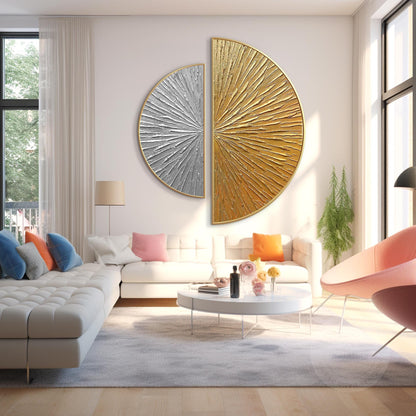 Gold Silver Textured 2 Pieces Semicircle Painting,Round Painting,Luxury Room Sil #4